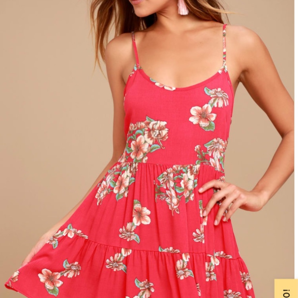Red Floral Print Lace-Up Lulus Dress